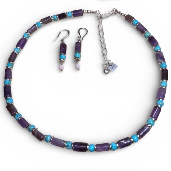 Artisan Handmade Purple Amethyst & Turquoise Sterling 925 Necklace & Earring Set - Picture 3 of 12